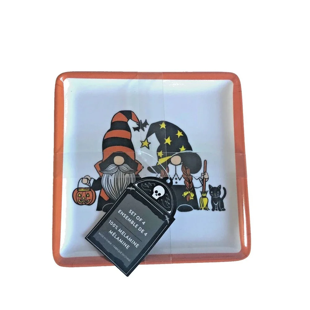 Halloween Gnomes Melamine Plates Witch Black Cat Orange 6 Inch Square Set of 4